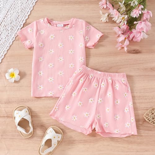 Kids Baby Girls Ruffle Floral 𝗣ajamas Toddler Clothes Set Newborn Ribbed Knit Short Sleeve Cotton 𝐒leepwear Outfit2