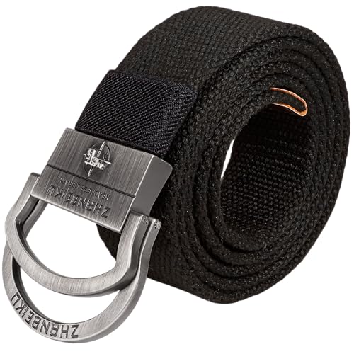 Double D-Ring Striped Canvas Metal Buckle Adjustable Web Belt, Colorful Durable Fabric Hiking Webbing Loop Belts Men