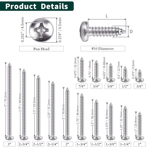 #10 x 2 Pan Head Sheet Metal Screws, 304 Stainless Steel 18-8, Phillips Drive, Self Tapping, Corrosion Resistant Screws for Wood Sheet Metal, Pack of 50 by EASTLO - Image 7