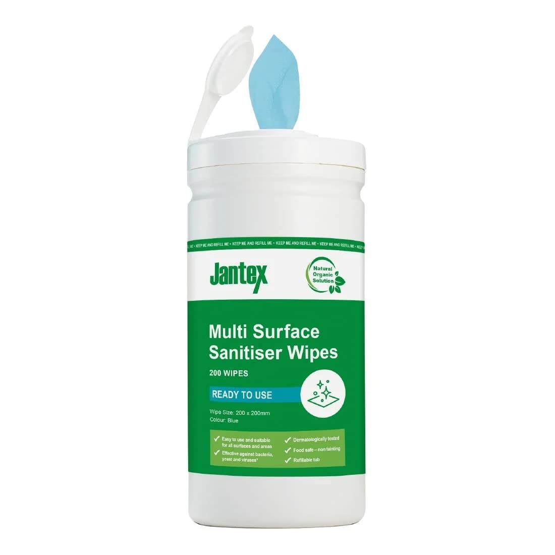 Jantex Green Surface Sanitizing Wipes Starter Tub 200mm (200 Pack) - Kind to the Skin, Non-Irritable, Multipurpose Wet Wipes CH650