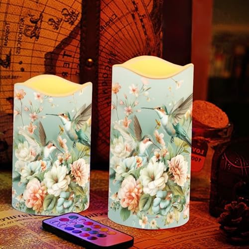 Image of Green Hummingbird Plastic Flameless Candles with Remote Control and Timer LED Flickering Battery Operated Color Changing Electric Pillar Candles for Table Weddings Gifts Home Decoration