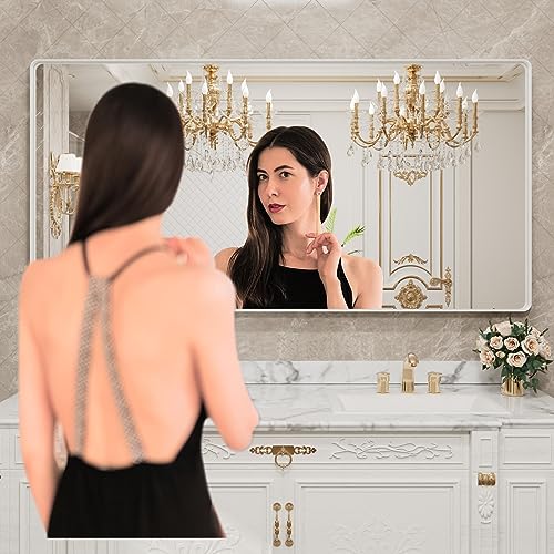 LOAAO 72x36 Inch White Metal Framed Bathroom Mirror for Wall, White Bathroom Vanity Mirror Farmhouse, Large Rounded Rectangle Mirror, Anti-Rust, Tempered Glass, Hangs Horizontally or Vertically
