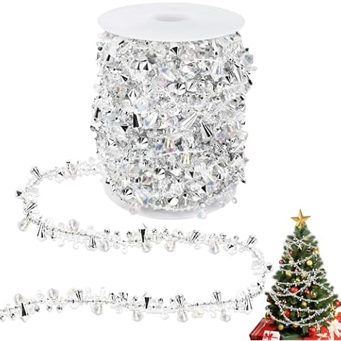 33ft Beaded Garland for Christmas Tree, Sliver Christmas Garland Bead Decoration Clear Iridescent Bead Twist String Christmas Tree Decoration, Garland for Christmas Tree Ornaments Wedding Party Decor Cover