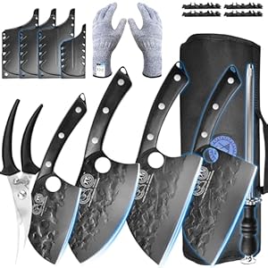 XYJ Portable Chef Knife Set Professional,Hammer Forged Serbian Chef Knife Set,4pcs Butcher Knives With Rolling Bag,Scissors,Sharpener Rod,Full Tang (Black)