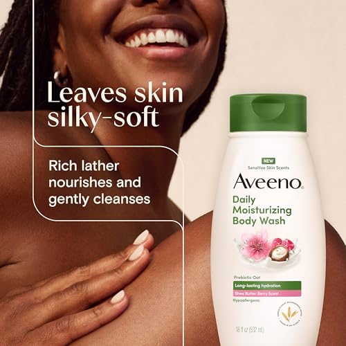 Image of Aveeno Daily Moisturizing Body Wash with A Shea Butter Berry Scent & Soothing Prebiotic Oat, Provides Long-Lasting Hydration for Sensitive Skin, Hypoallergenic, Paraben-Free, 18 fl. oz