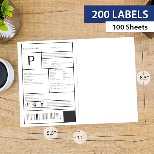 100 Sheet (200 Labels) | 8.5\" x 11\" 2 UP Half Sheet Self Adhesive Shipping Labels for Laser & Inkjet Printers | Ecommerce, Address, Mailing, Labeling, Packaging