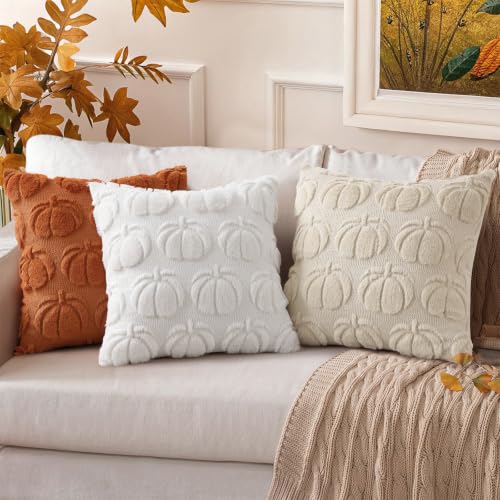 Image of decorUhome Fall Decorative Light Rust Pumpkin Throw Pillow Covers 16x16 Set of 2, Soft Faux Fur Plush Farmhouse Accent Pillow Cases for Couch Bed Sofa Autumn Harvest Halloween Holiday Home Decor