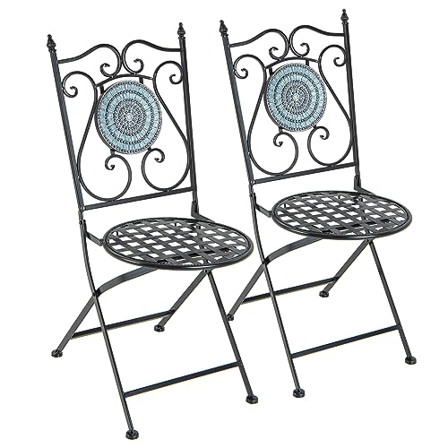 Image of RELAX4LIFE Mosaic Chairs Set of 2, Folding Bistro Chairs with Lattice Seat, Outdoor Metal Dining Chair for Patio, Balcony, Garden and Backyard (Black + Blue, Geometric Pattern)