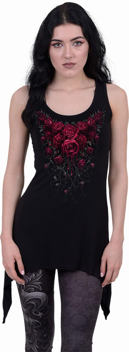 Spiral Blood Rose Goth Camisole Dress - Black Bottom Lace Trim Gothic Style Dress For Women