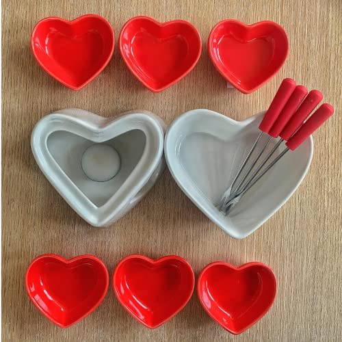 Conjunto Jogo Fondue Hauskraft Porcelana Branco e Petisqueira Coração Vermelho 13 Peças
