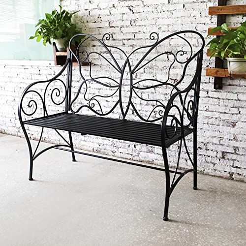 HLC Outdoor Bench Outdoor Sturdy Rust-Resistant Bench Butterfly Cast Iron with Armrests Park Yard Patio Porch Lawn Double Seats