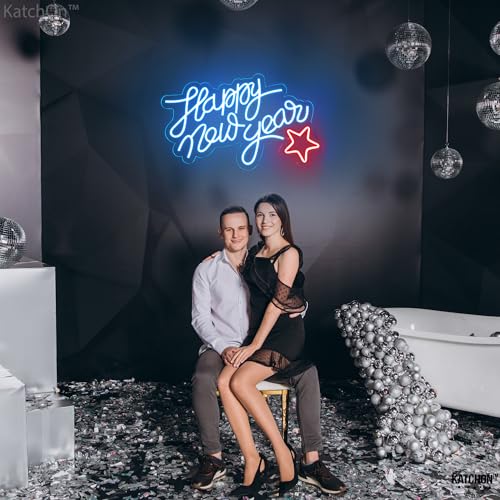 Image of KatchOn, Blue Happy New Year LED Sign - 16x10 Inch | Happy New Year Neon Sign | Happy New Year Lighted Sign for New Years Eve Party Supplies 2026 | Happy New Year Light Up Sign for New Years Decorations 2026