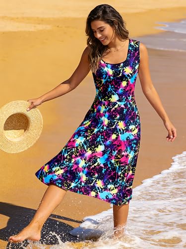 Image of uideazone Women Funny Print Sleeveless U Neck A Line Casual Midi Dress | Soft Stretchy Breathable Fabric Flared Swing Sundress Fitted Waist for Daily Wear 80 /90s Themed Party Beach Vacation Trips
