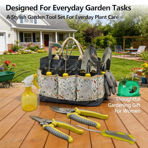 11-Piece Stainless Steel Gardening Tool Set with Floral Tote Bag - Image 4