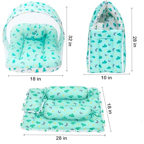 Image of Fareto Combo of Baby Bed with Net | Carry Bag | 4 Pcs Bedding Set (0-6 Months, Baby Size, Cotton) (Cloud Green)