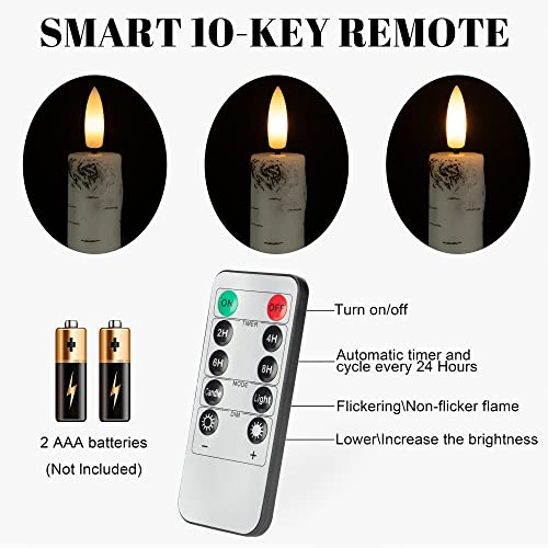 Image of Birch Bark Flameless Taper Candles with 3D Wick, 9.6 inch Real Wax LED Candles | Flickering Candlesticks Battery Operated, Electric Candle with 2 Remote & Timer, For Home, Wedding, Party, Decor, 6 Pack