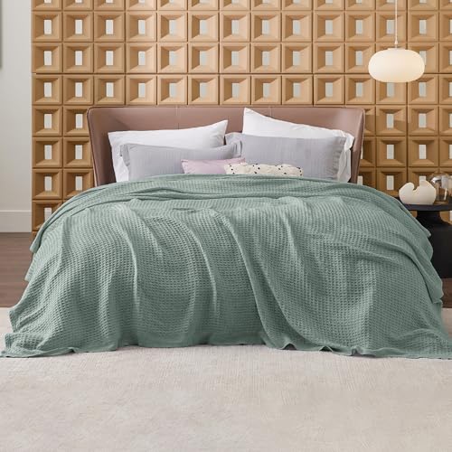 Image of Bedsure 100% Cotton Blanket Full Size for Bed - Breathable and Soft for Summer, Thick Cozy Waffle Weave Blanket Gifts for Women, Sage Green, 80x90 Inches