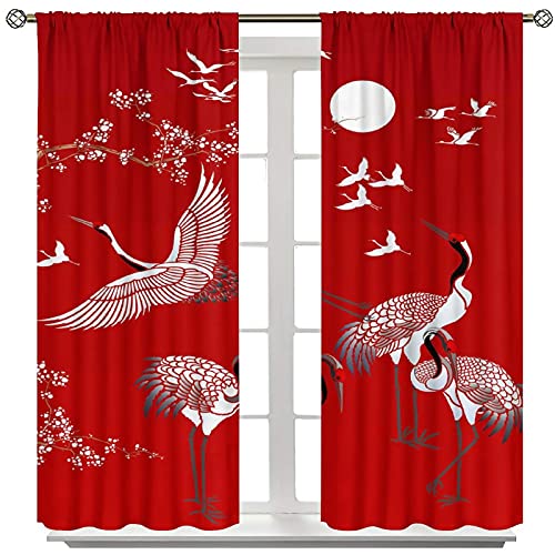 Japanese Style Blackout Curtains Crane Printed Curtains Cherry Blossoms Sunrise Decor Noise Reducing Curtain Blackout Draperies For Bedroom Window 42X63Inch(107X160Cm) #TOP6