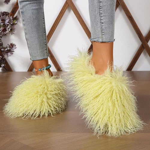 Image of Unisex Fuzzy Faux Fur Slippers, Women's Fluffy Long Hair Sheep Faux Fur Slip on Slides, Girls Luxury Big Fluffy Outdoor Flat Slippers, Long Curly Hair Non-Slip Warm Home Slide Shoes