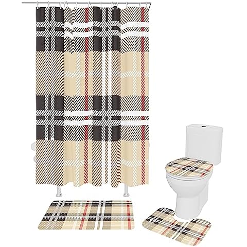 Zadaling 4 Piece Shower Curtain Sets with Non-Slip Rug, Toilet Lid Cover, Bath Mat and 12 Hooks,Geometric LIne Stripe Plaid Durable Waterproof Shower Curtain for Bathroom Cover