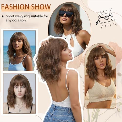 Image of Pastel Brown Wavy Bob Wig for Women, Short Shoulder Length Synthetic Wig with Bangs, Natural Looking Lightweight Hairpiece for Daily Wear & Cosplay Costume Party