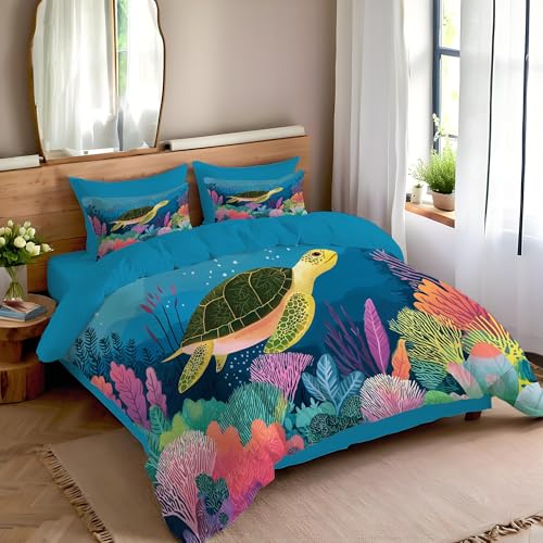 Housse de Couette Tortue Fermeture Eclair Linge de Lit Facile à Enfiler 140x200