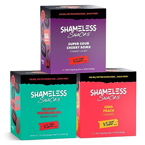 Shameless Snacks – Low Carb Keto Gummies Gluten Free Candy Bundle – Peach, Watermelon, Cherry Bomb