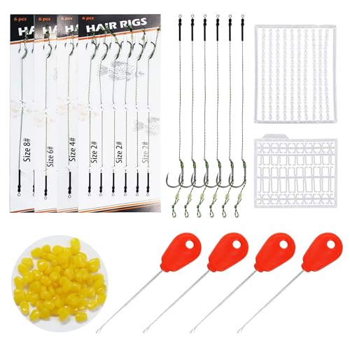Carp Fishing Hair Rigs Bait Carp Rigs Kit Includes 24 High Carbon Steel Curved Barbed Hook (Mixed-#2#4#6#8-130pcs)