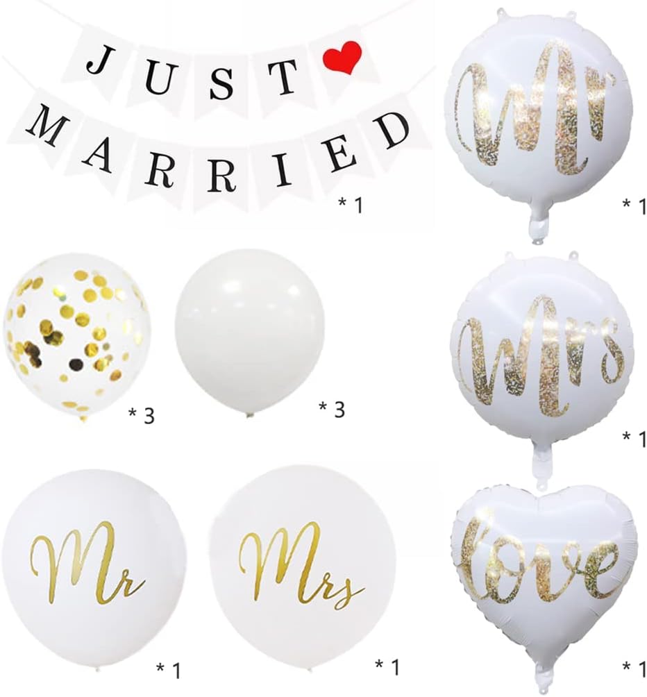 14PCS Just Married Banner Mr and Mrs Wooden Signs Letters Decorations Set Love Foil Balloons Glitter Latex Balloons Reception Sign Garland for Table Decor Bridal Decorations Supplies