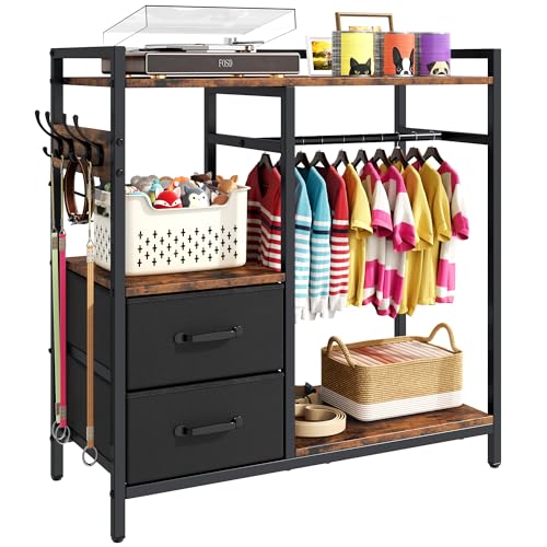 kepptory Dog Closet with Drawers & 4 Hooks Freestanding Pet Garment Rack for Dog Clothes & Cat Accessories Pet Supply Storage Organizer Metal Frame Industrial Style