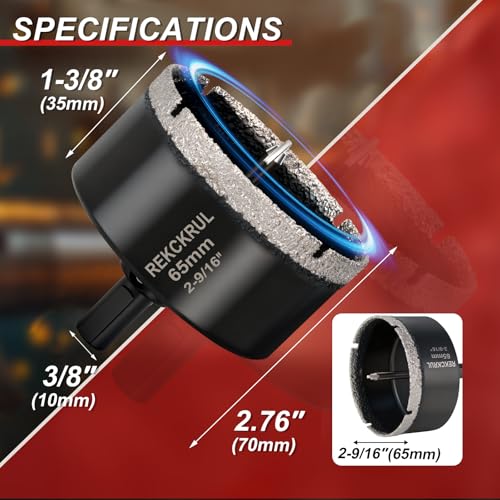 Image of 2-1 /2 Inch Diamond Hole Saw with Pilot Drill Bit 2PCS | Premium Tile Hole Saws Porcelain, Ceramic, Granite, Marble, Glass , 1-3 /8 inch Cutting Depth, Serrated Edge Wet /Dry Use (65mm)