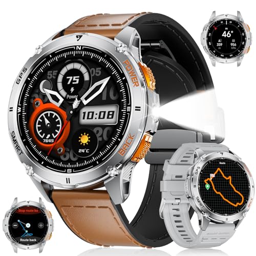 FOXBOX DM4 GPS Orologio Smartwatch Uomo, 1.43" AMOLED Smart Watch con Torcia LED per Android iOS, 6 Posizionamento Satellitare, IP68, Chiamate, 200+ Quadranti, 170+ Sports, Argento+Cinturino in Pelle