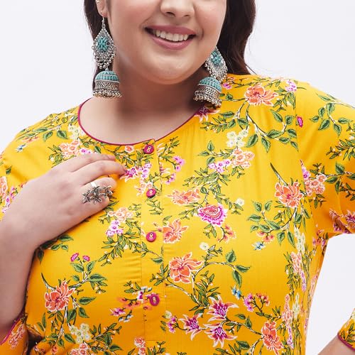 Image of Tissu Women's Plus Size Yellow & Pink Printed Kurta with Palazzo