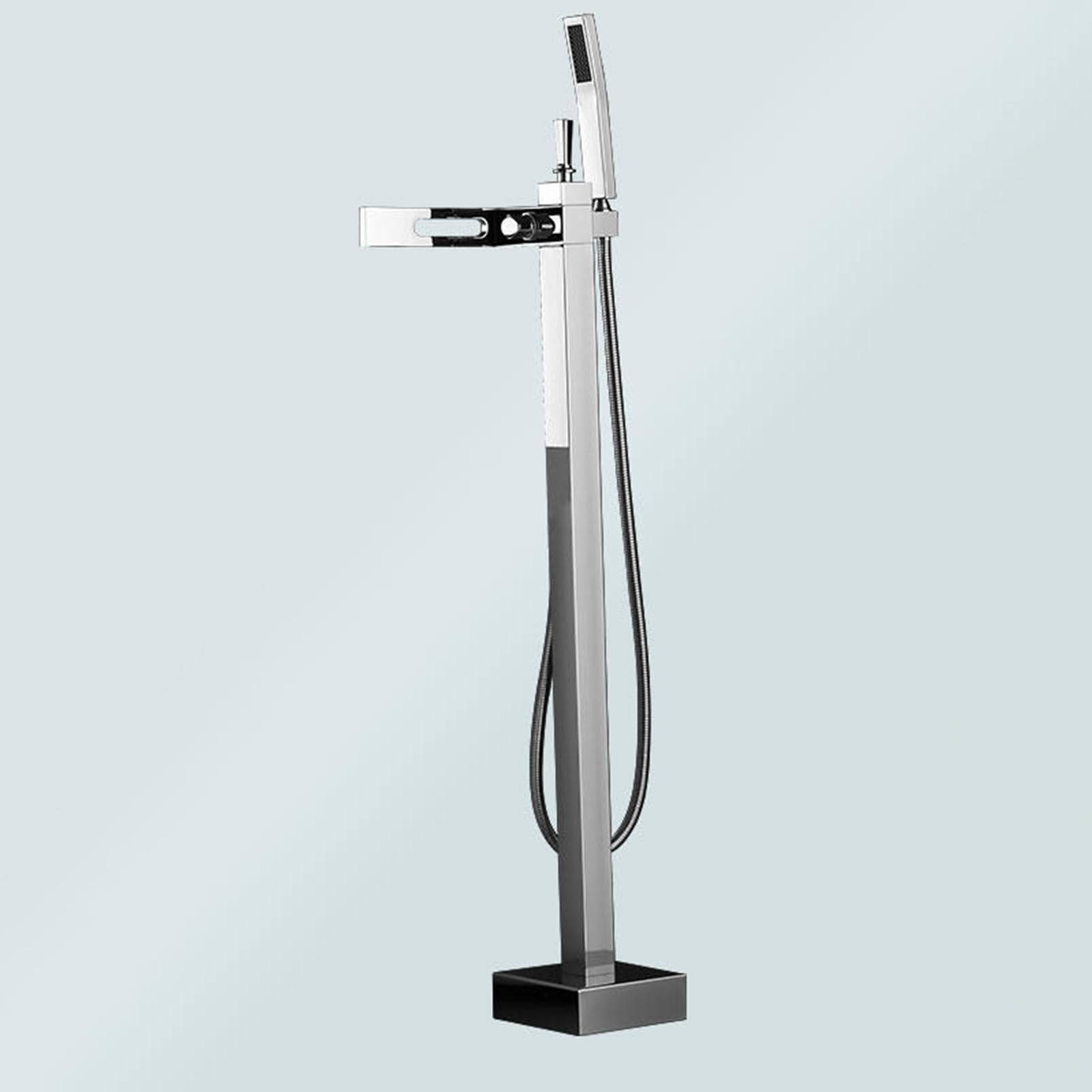 WOTZOV Free Standing Bath Mixer Taps With Shower Hot And Cold Waterfall Faucet 360° Rotation Floor Standing Bath Mixer Tap, Black，Chrome
