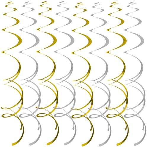 Image of 40Pcs Hanging Spirals Party Decorations Plastic Foil Swirl Streamers Ceiling Decor Party Supplies for Birthday Halloween Christmas Fall Celebration All Kinds of Parties (Gold and Silver)