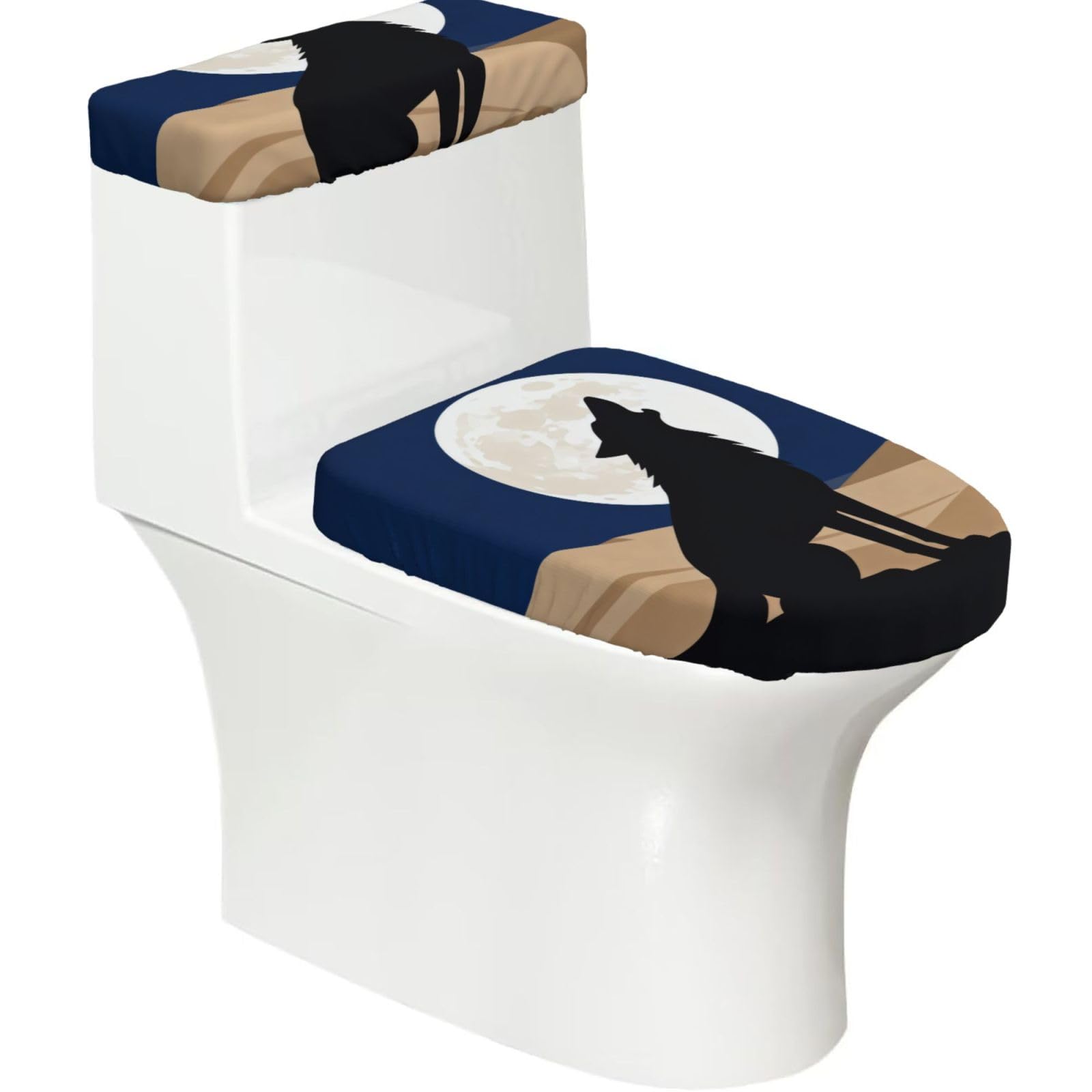 Cntdbu Black Mysterious Lone Wolf Stretchy Toilet Lid And Tank Cover Set-Soft Elastic Bathroom Decor For U Shape Oval