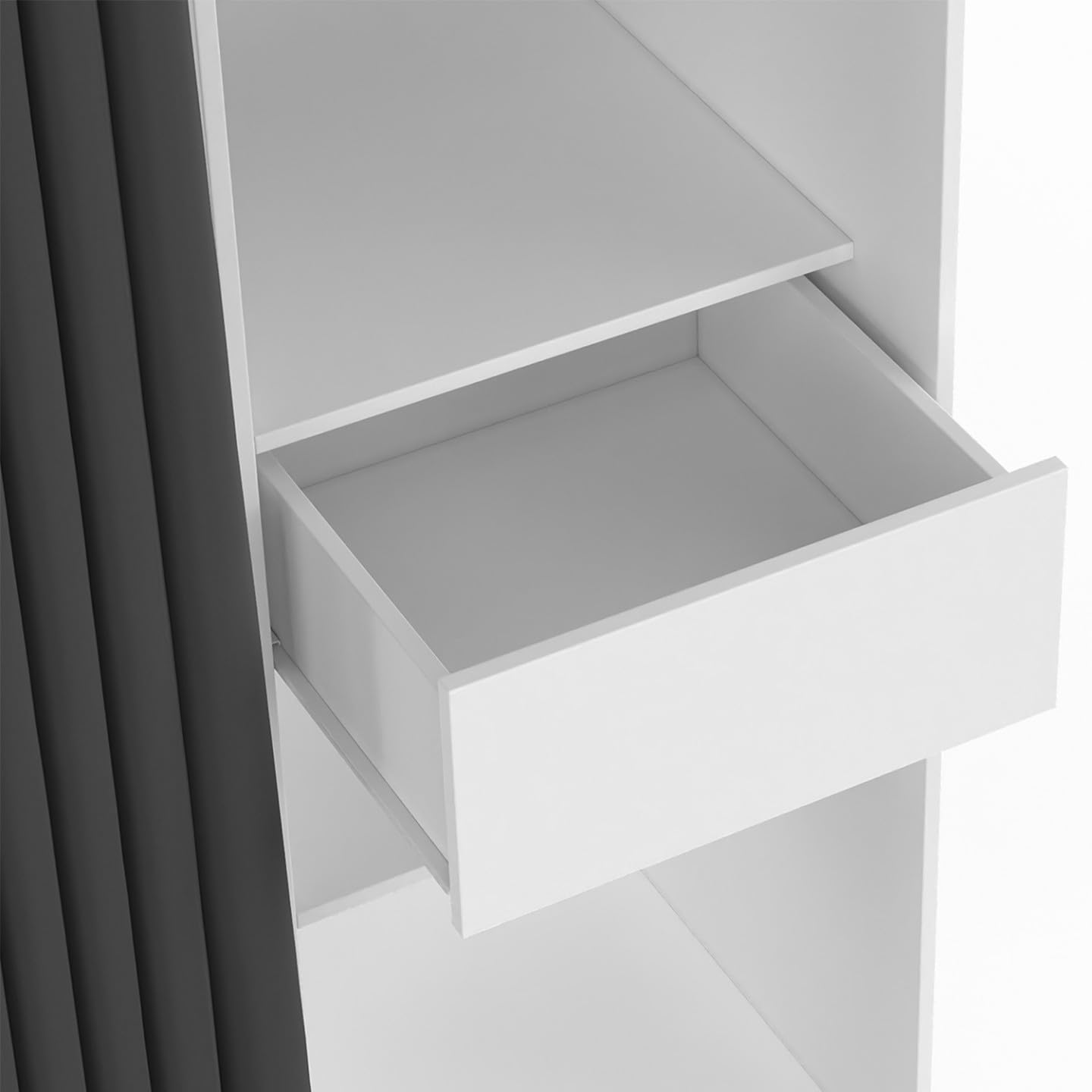 IDMarket - Vestidor extensible doble XXL MERYL 120/180 cm blanco con cajones + estantes + armario + cortina gris