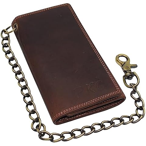 CAZORO Personalized Bikers RFID Safe Cow Vintage Leather Brown Long Checkbook Trifold Chain Wallet for Men Cover