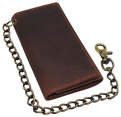 Personalized Bikers RFID Safe Cow Vintage Leather Brown Long Checkbook Trifold Chain Wallet for Men