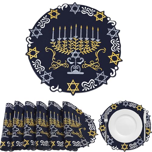 Teenyyou 6 Pcs Hanukkah Placemats 15'' Embroidered Chanukah Menorah Blue Round Table Place Mats for Kitchen Dining Home Decoration