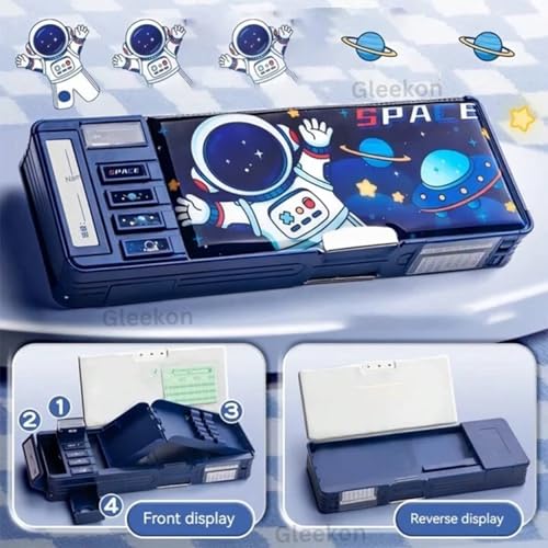 Image of Space Astronaut Pencil Box for Boys & Girls, Plastic Password Lock Pencil Box for School Kids Cute Button Pencil case Compass Box Gift for Boys,(Space Blue)