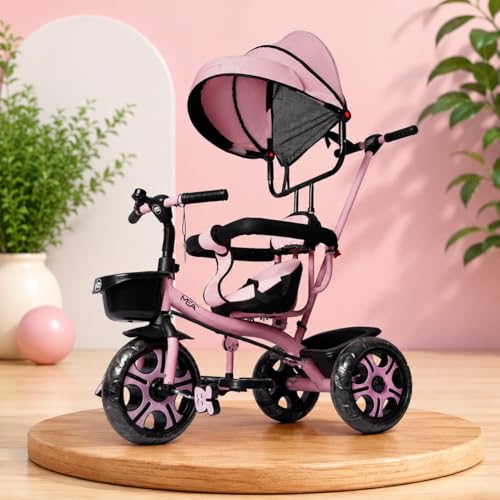 Image of MEA Kids Tricycle with Adjustable Canopy & Parent Push Handle | Safe Baby Trike with Safety Guard Rail, Comfortable Seat & Storage Basket | Play Ride-On Tricycle for Toddlers Boys & Girls - Pink