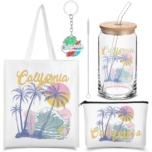 Chuangdi 4 Pcs California Travel Gifts Set Canvas Bag Cosmetic bag 16 oz Tumbler and Keychain California City Souvenirs Gifts for Traveler Friend Lover Sister