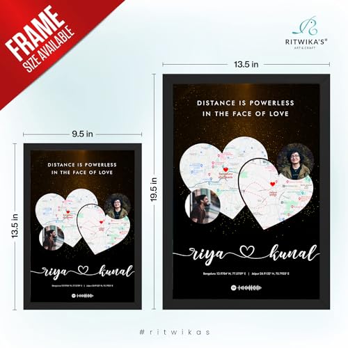 Image of Ritwika's Personalized Picture Frame With Long Distance Map - With Your Photo, Name, Message, Place And Song | For Couples and Friends | In Two Size 9.5 x 13.5 and 13.5 x 19.5 Inch, Set of 1