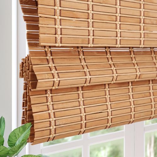 Comzone Blinds Cordless Blackout Bamboo Roman Shades, Easy Installation Natural Woven Wood Shades, Great Privacy Lined Bamboo Blinds for Windows, Biscuit
