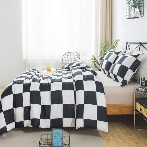 Image of Caressma Comforter Set Black White Checkered King Size Bedding Set