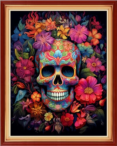Image of DMCVIVR Stamped Cross Stitch Kits for Beginners Adults Needlepoint Kits for Beginners Embroidery Kits for Adults Crossstitch Kit for Beginners 11CT-Skeleton Flower 16x20 inch