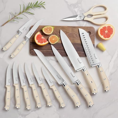Image of KUISINE Upgraded Knife Set High Carbon Stainless Steel Sharper Blade Ergonomic Handle,Knife Block Set with Built- in Sharpener(Ivory Pro Acacia,15PCS)