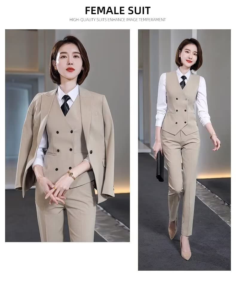 Womens Business Suits 3 Pieces Double Breasted Open Front Lady Suit Casual Office Blazer Pants Vest4