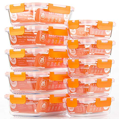 Image of C CREST [10-Pack] Glass Food Storage Containers - Food Prep Containers with Lids - Microwave, Oven, Freezer and Dishwasher Safe